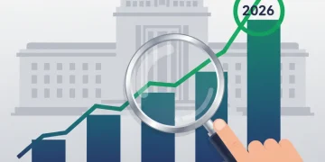 Financial chart with upward trend and 2026 marker, symbolizing Federal Reserve interest rate predictions.
