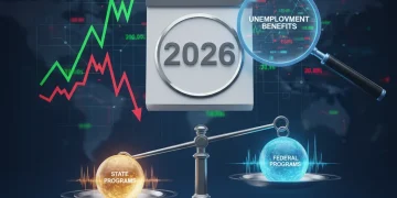 Calendar showing 2026 with economic charts and unemployment benefit icons, symbolizing future unemployment extensions.