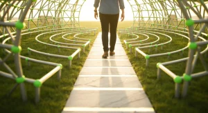 A person walks on a clearly marked path within a stylized, green labyrinth, symbolizing the Australian benefits system and guided navigation.