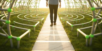 A person walks on a clearly marked path within a stylized, green labyrinth, symbolizing the Australian benefits system and guided navigation.