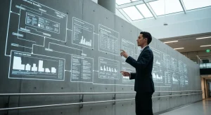 Unlocking Your Entitlements: A Comprehensive Guide to Australian Benefits A person engaging with interactive holographic flowcharts detailing Australian benefits and Centrelink processes, symbolizing navigation of government support systems.