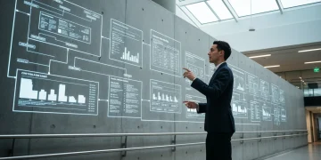 A person engaging with interactive holographic flowcharts detailing Australian benefits and Centrelink processes, symbolizing navigation of government support systems.
