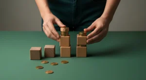 Person carefully stacking wooden blocks and brass coins, symbolizing different Australian benefits and financial aid on a green surface.