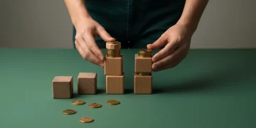 Person carefully stacking wooden blocks and brass coins, symbolizing different Australian benefits and financial aid on a green surface.
