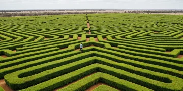 Aerial view of a person navigating a complex, vibrant green labyrinth representing the Australian benefits system, with intricate geometric patterns under soft natural light.