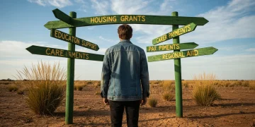 A person stands at a crossroads of wooden signposts detailing various Australian benefits, under a vast sky, symbolizing the complex benefit landscape.