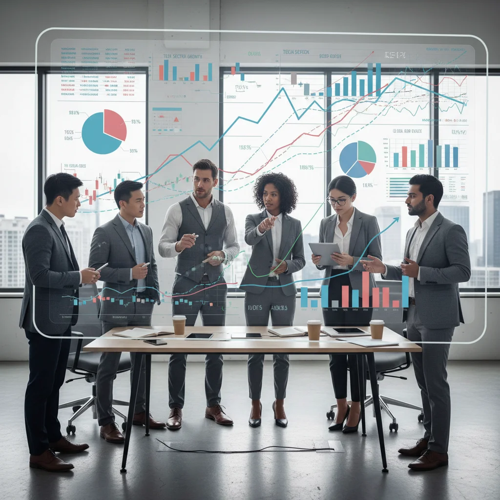 Diverse investors analyzing market data, discussing investment strategies for future rate hikes.