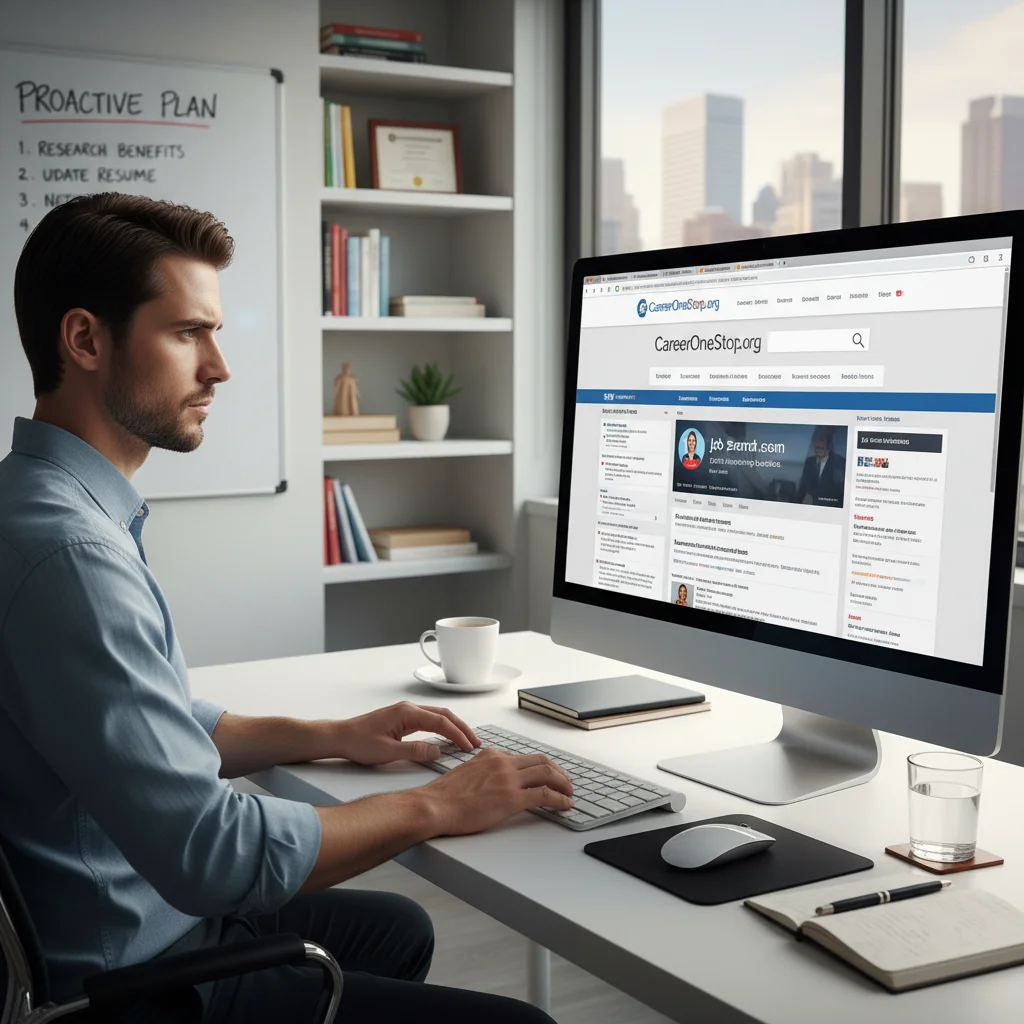 Individual actively researching unemployment resources and job search strategies online, demonstrating proactive career management.