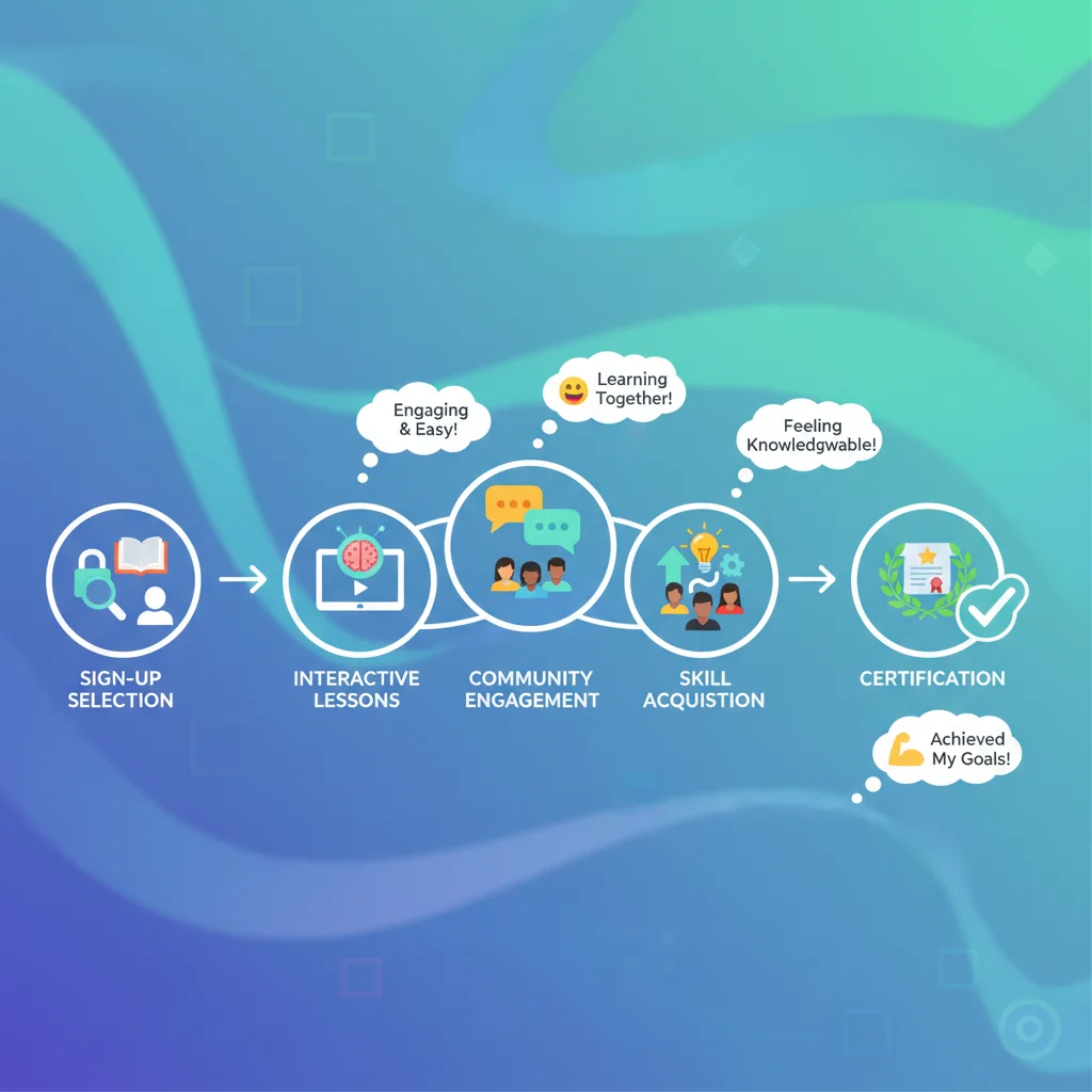 User journey diagram for an online learning platform demonstrating engagement and progress