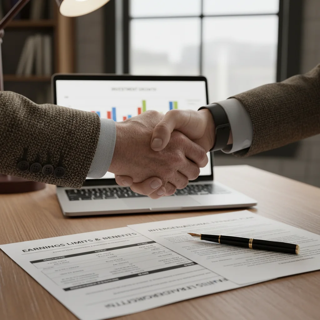 Hands shaking over financial documents, symbolizing retirement planning and earnings limits.
