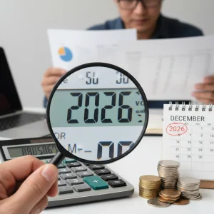 Calculator showing 2026, coins, and calendar representing Social Security benefit adjustments.