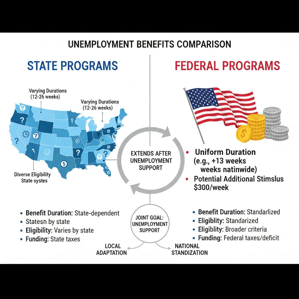 Infographic comparing state unemployment benefits with potential federal unemployment extensions, highlighting differences in duration and eligibility.
