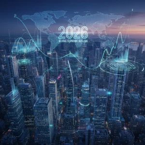 Futuristic cityscape with global economic trend overlays, symbolizing 2026 investment strategy.