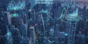 Futuristic cityscape with global economic trend overlays, symbolizing 2026 investment strategy.