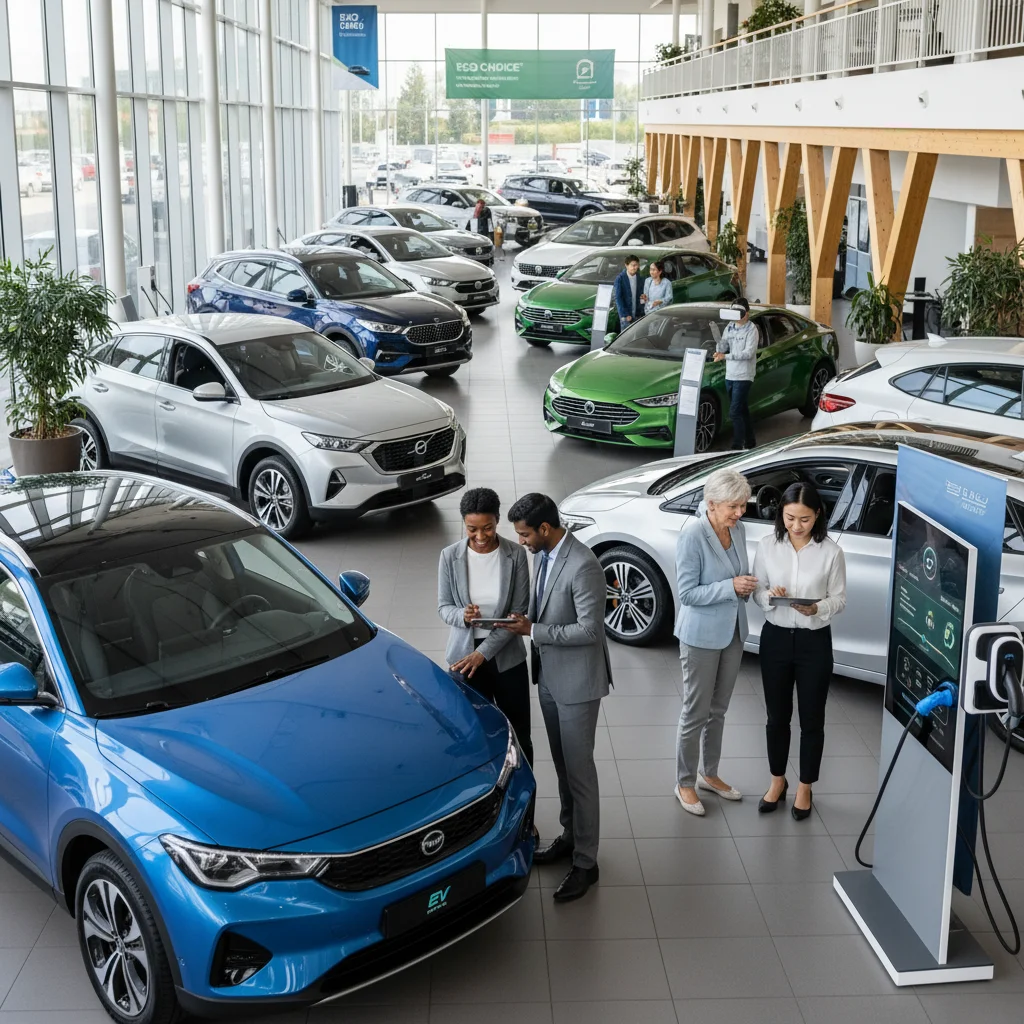 Consumers evaluating electric and hybrid vehicles at a dealership