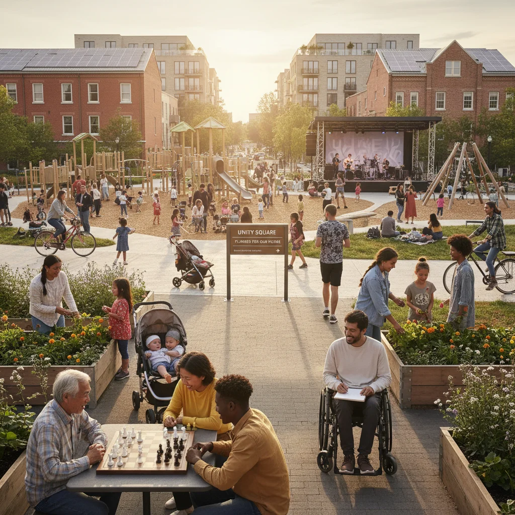 Diverse community interacting in a park, illustrating demographic shifts and social planning.