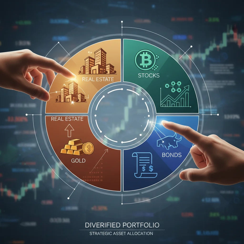 Diverse investment portfolio icons representing strategic asset allocation.