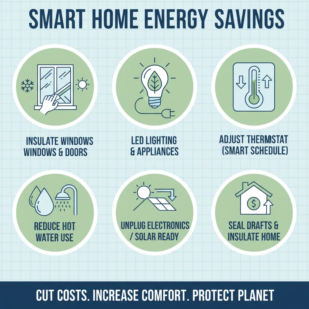 Energy-saving tips and efficient home improvements graphic