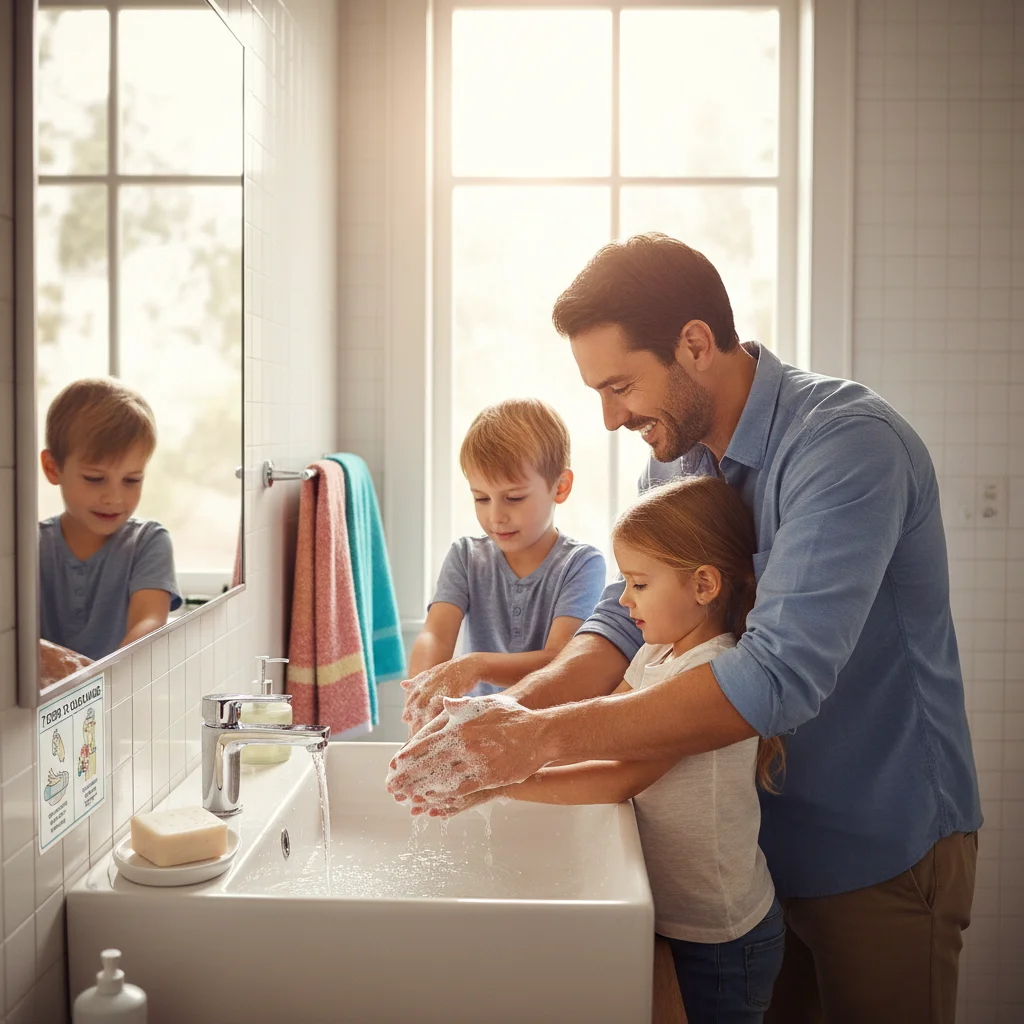 Family washing hands thoroughly with soap and water