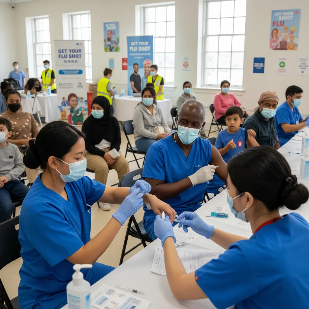 Diverse individuals receiving flu shots at a community clinic