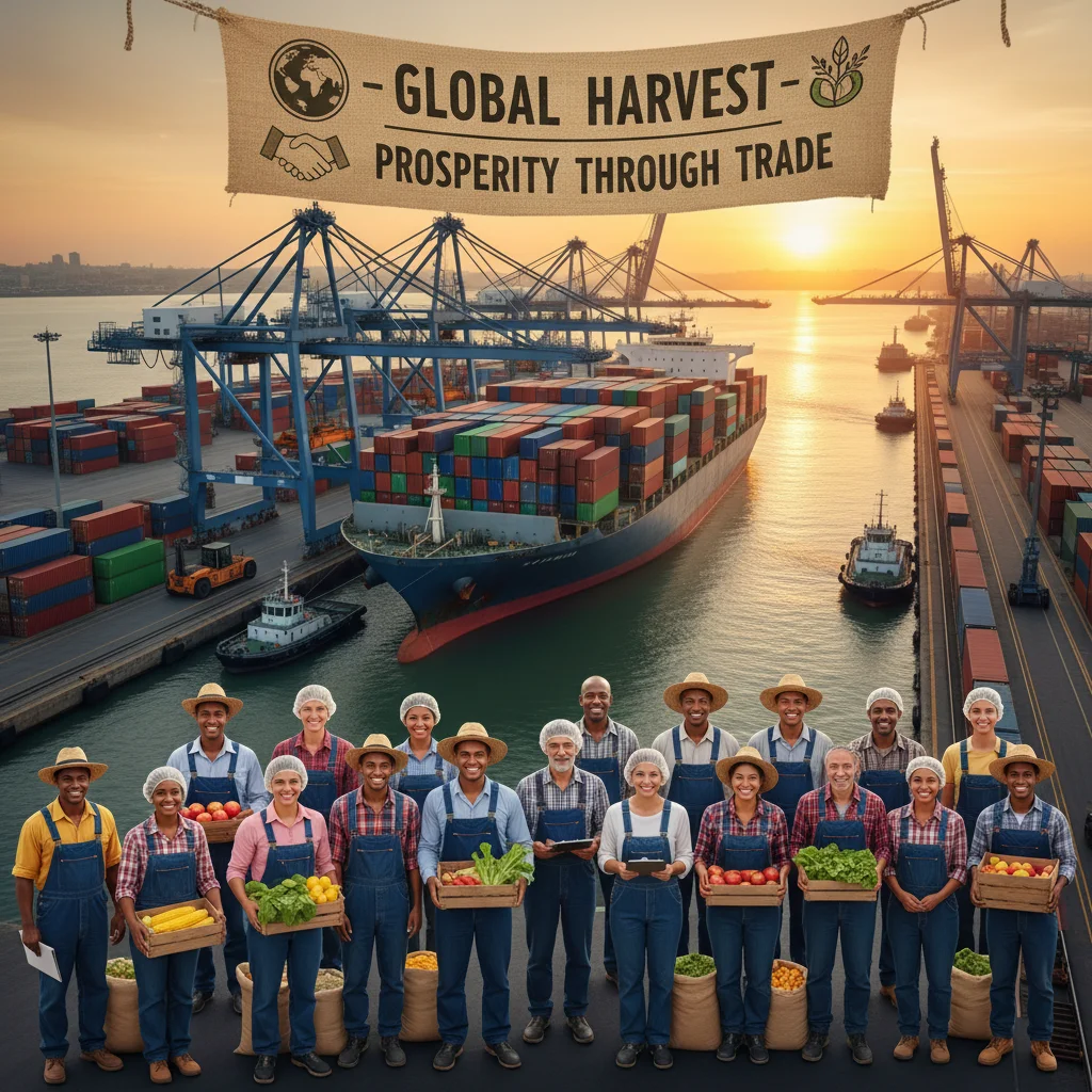 Farmers and industry workers at a port, celebrating the positive impact of the US-EU agricultural trade agreement.