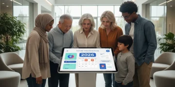 Diverse group reviewing Medicaid expansion 2026 information on a tablet
