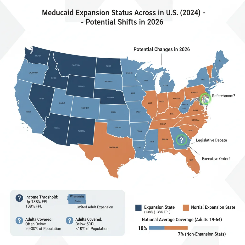 US map illustrating current and potential Medicaid expansion status by state
