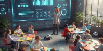Students and teacher using data analytics dashboard in a modern classroom