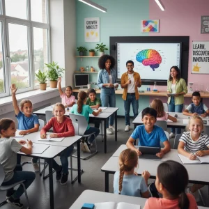 Teachers and students in a modern classroom engaged in learning activities.