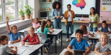 Teachers and students in a modern classroom engaged in learning activities.