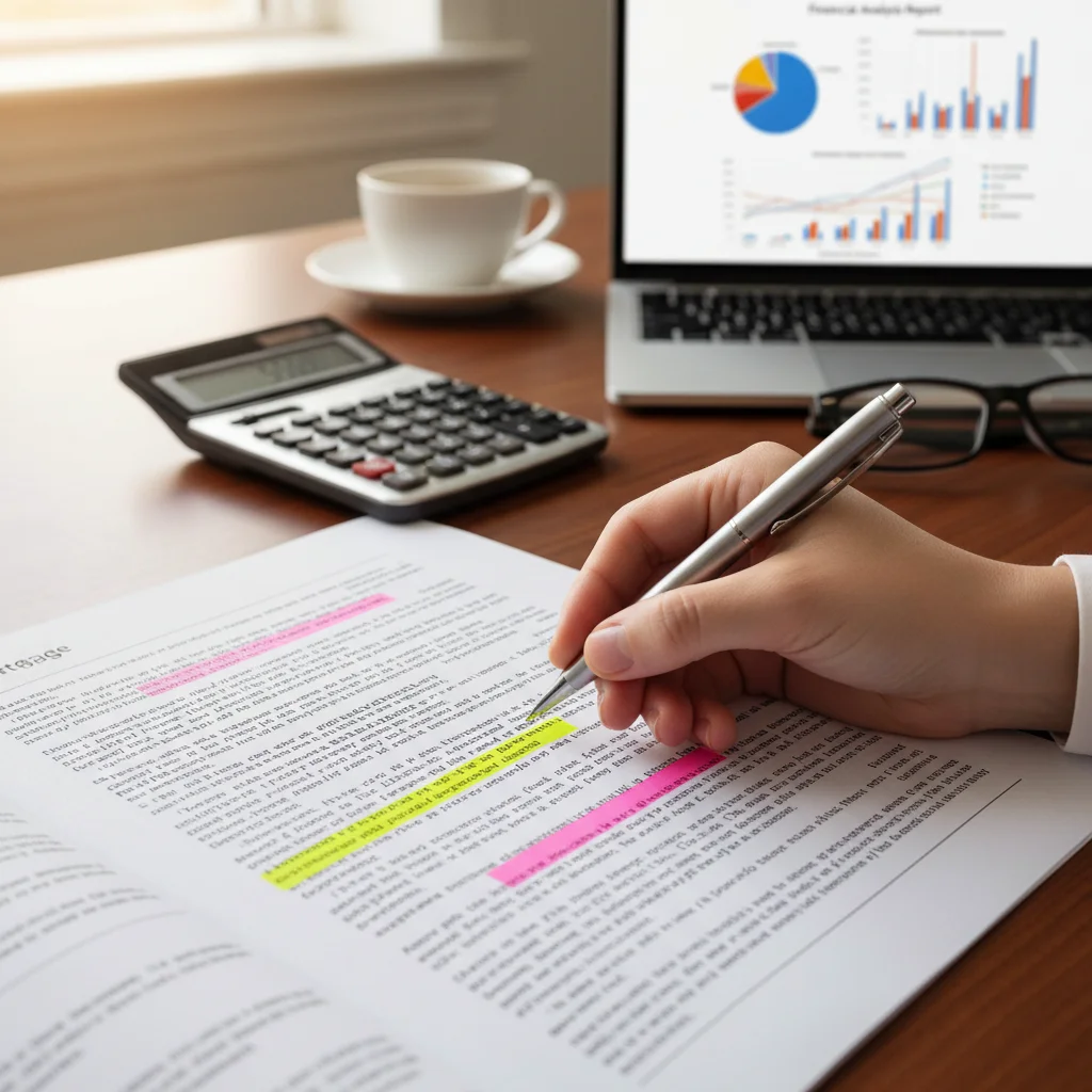 Detailed financial analysis of mortgage documents with a pen, calculator, and laptop.