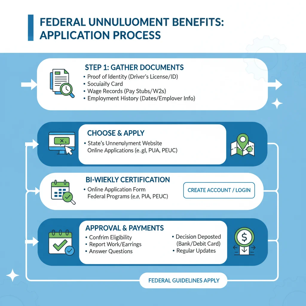 Infographic showing the application process for federal unemployment benefits.