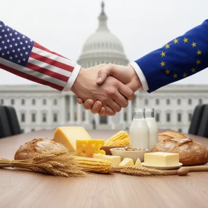 US and EU representatives shaking hands over agricultural products, symbolizing a trade agreement.