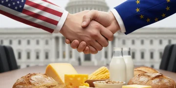 US and EU representatives shaking hands over agricultural products, symbolizing a trade agreement.