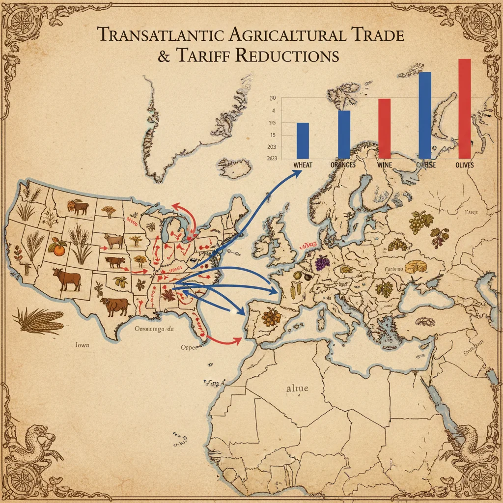 Map showing US and EU agricultural trade routes and tariff reductions.