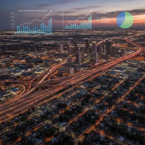 Navigating the Slowdown: U.S. Population Growth and Resource Allocation Urban landscape at dusk with illuminated highways, representing US population growth and infrastructure.