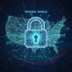 Digital padlock over US map, symbolizing enhanced federal cybersecurity protocols.