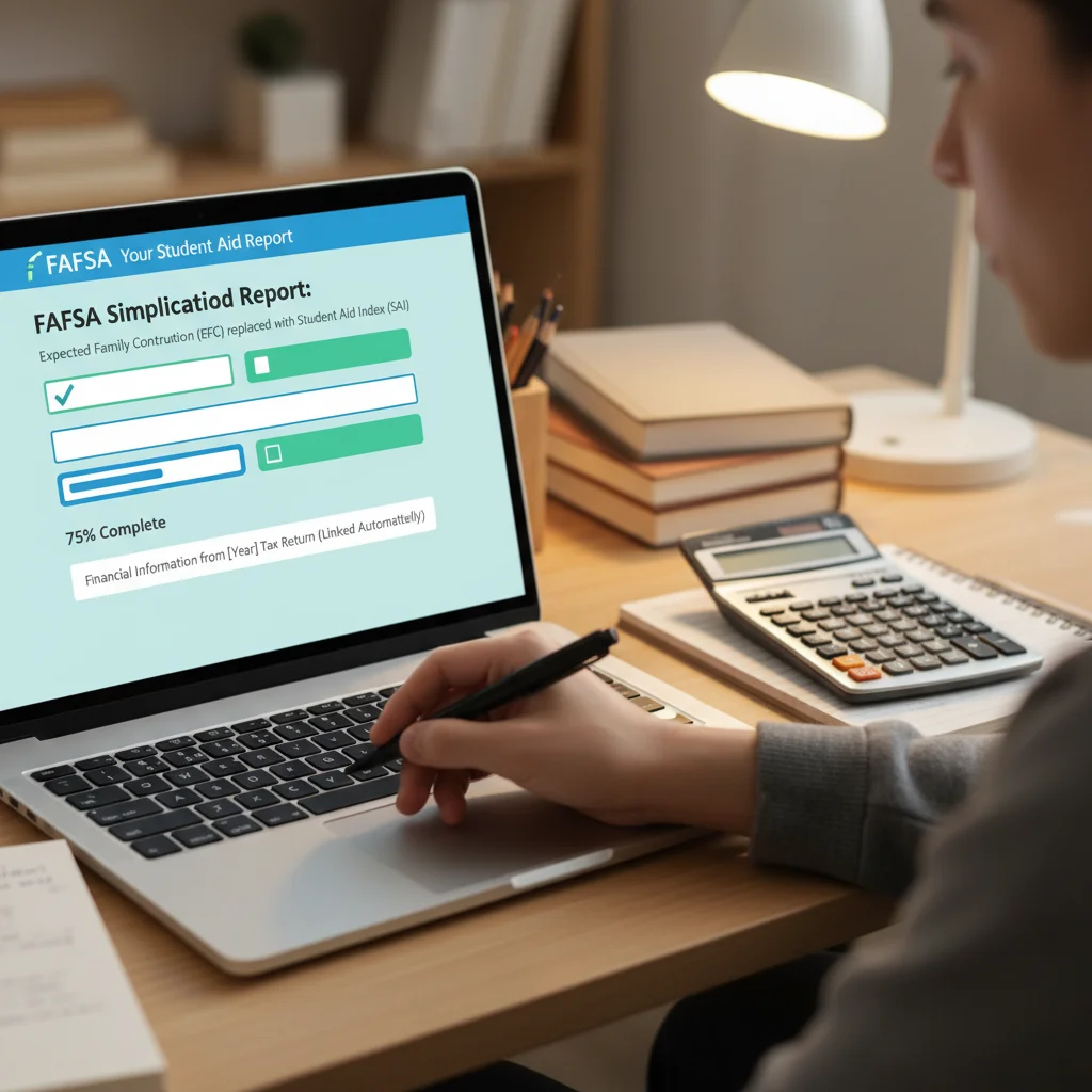 Hand filling out FAFSA form on laptop, symbolizing financial aid application process.