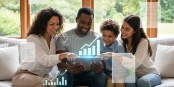 Family reviewing financial documents on a tablet, symbolizing future tax planning and child tax credit benefits.
