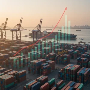 Global Supply Chain Disruptions: Retailers Face 15% Shipping Cost Hike Shipping containers at a busy port symbolize global trade challenges and rising logistics expenses.