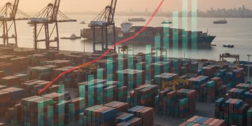 Shipping containers at a busy port symbolize global trade challenges and rising logistics expenses.