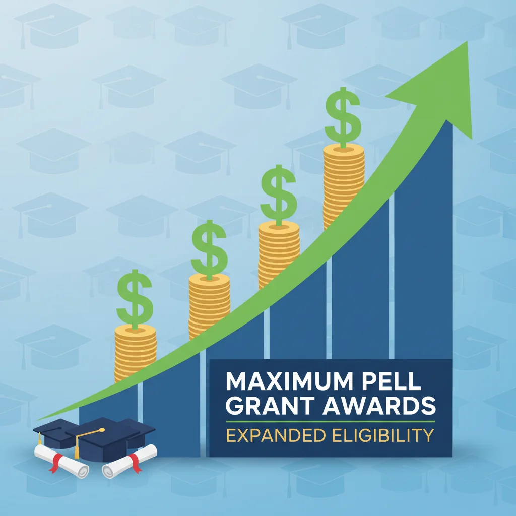 Graphic showing increased Pell Grant awards and expanded eligibility with graduation symbols.