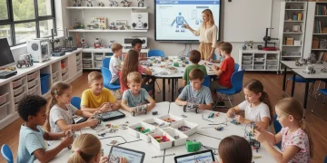 Children engaged in robotics project, learning STEM concepts.