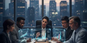 Investors analyzing financial data with a cityscape backdrop, symbolizing SEC regulation impact on portfolios.
