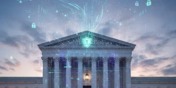 Supreme Court building with digital privacy overlay